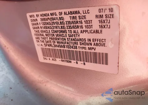 2010 Honda Odyssey Ex from USA, damaged, VIN 5FNRL3H49AB102438